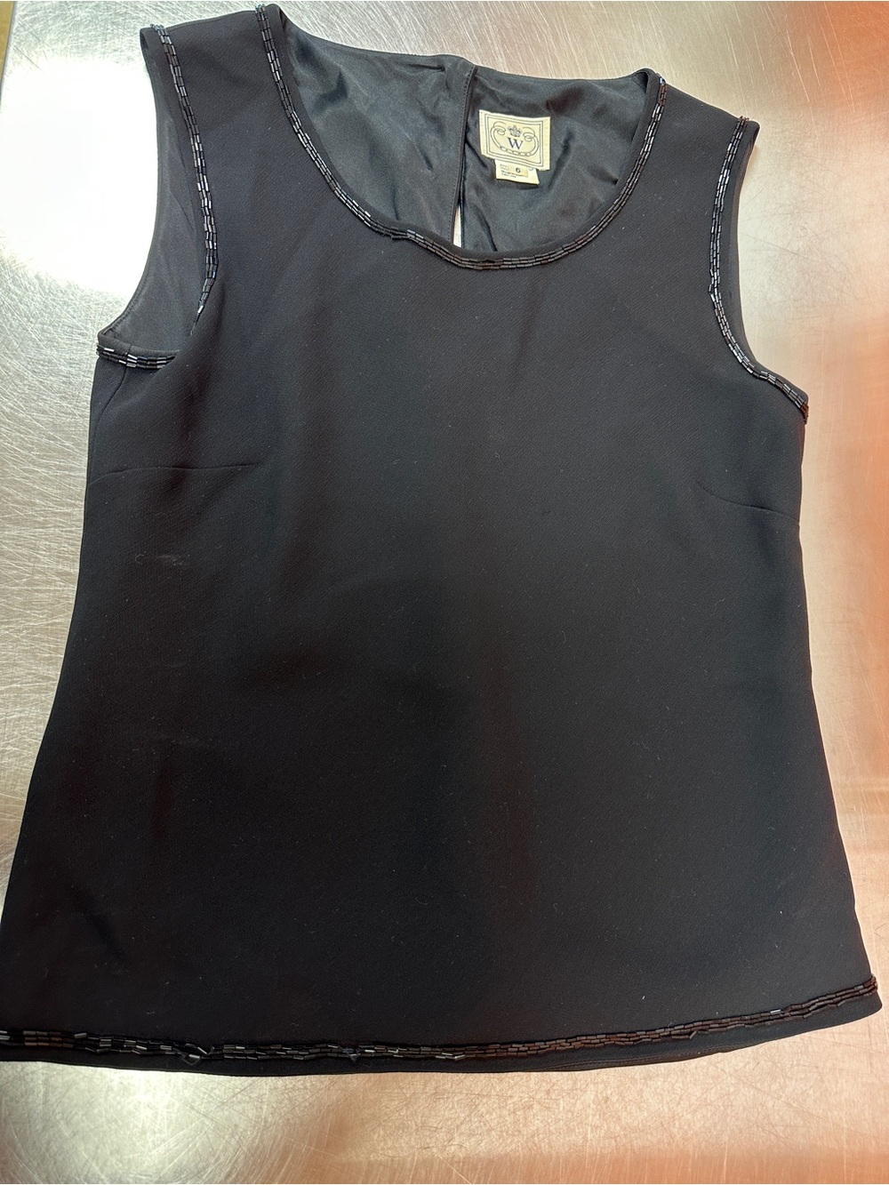 Vintage Wathne NYC 90s Black Silk Wool Beaded Back-Button Shell Top Size Small